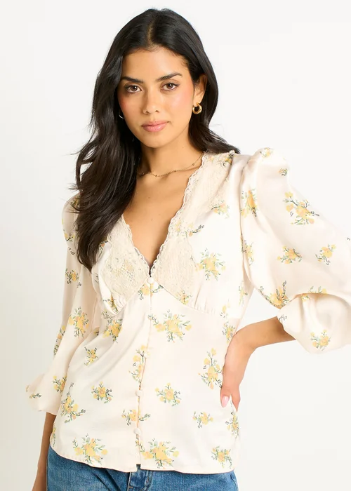 Gini London Cream Lace Trim Satin Button Through Blouse - 16 Image 3