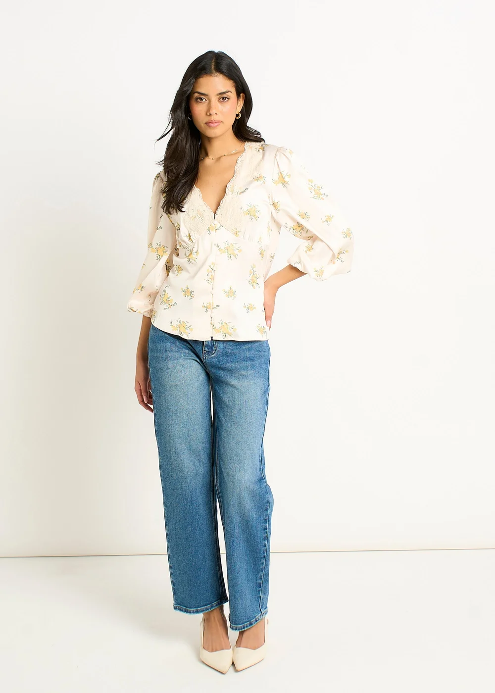 Gini London Cream Lace Trim Satin Button Through Blouse - 16 Image 1