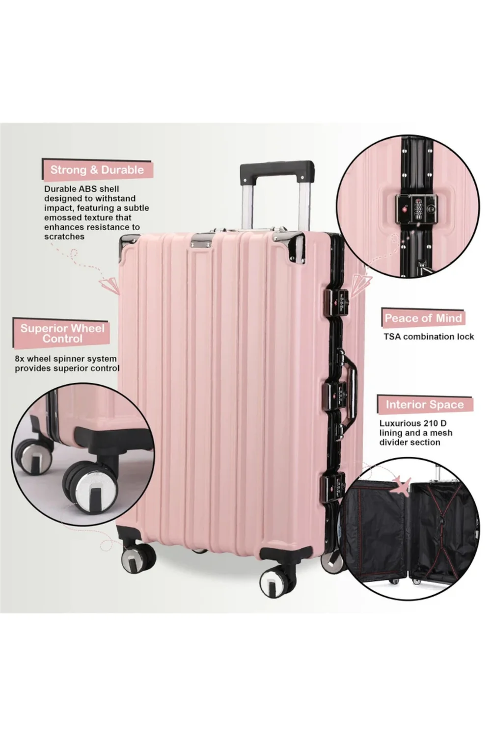 Infinity Luggage Pink Hard Shell Robust TSA Suitcases - Cabin Image 3