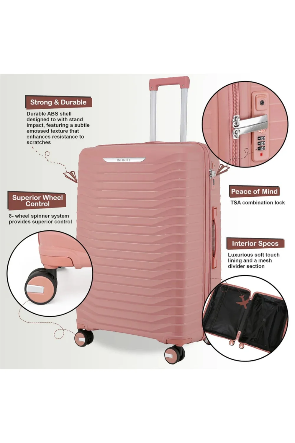 Infinity Luggage Pink Hard Shell Suitcase TSA Suitcases - Cabin Image 3