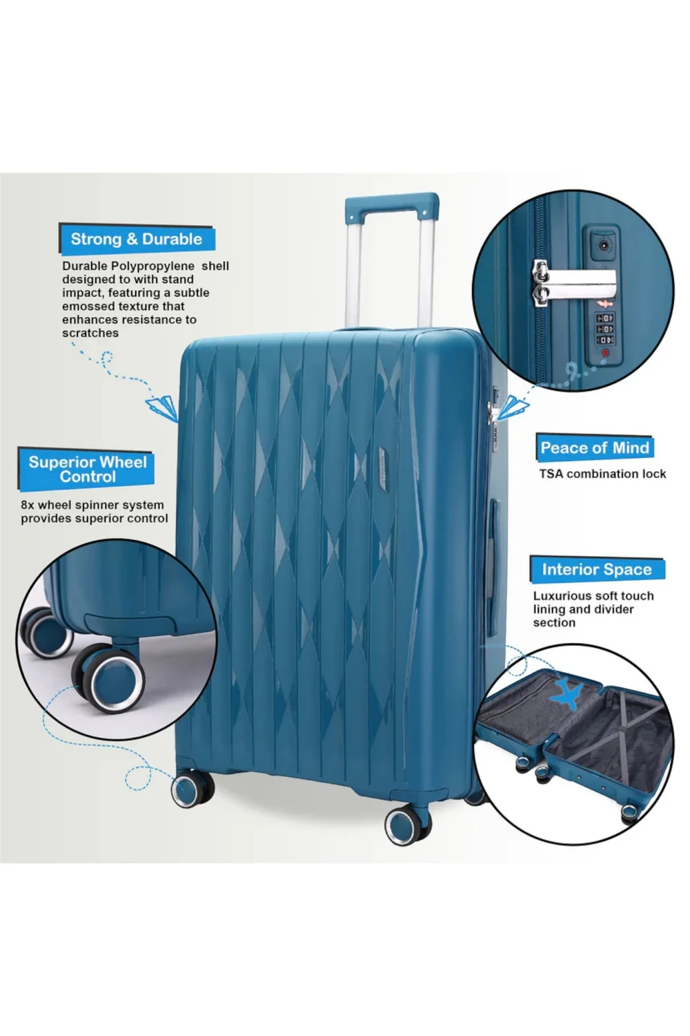 Infinity Luggage Blue Hard Shell Teal Suitcase TSA Travel - L Image 3