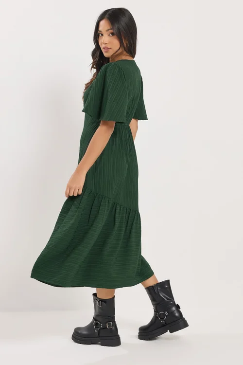 PixieGirl Petite Dark Green Crinkle Tiered Midi Dress - 12 Image 3