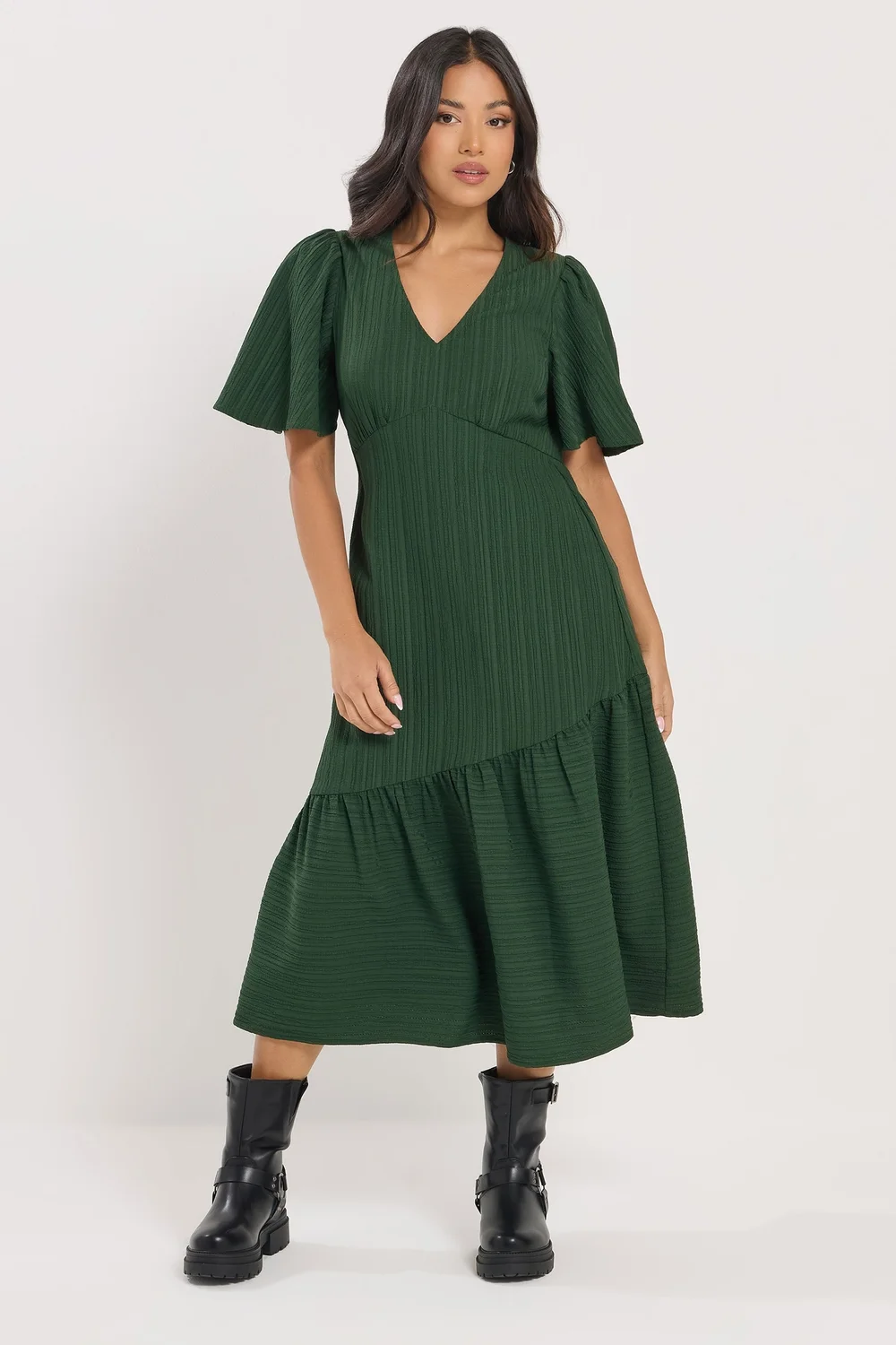 PixieGirl Petite Dark Green Crinkle Tiered Midi Dress - 12 Image 2