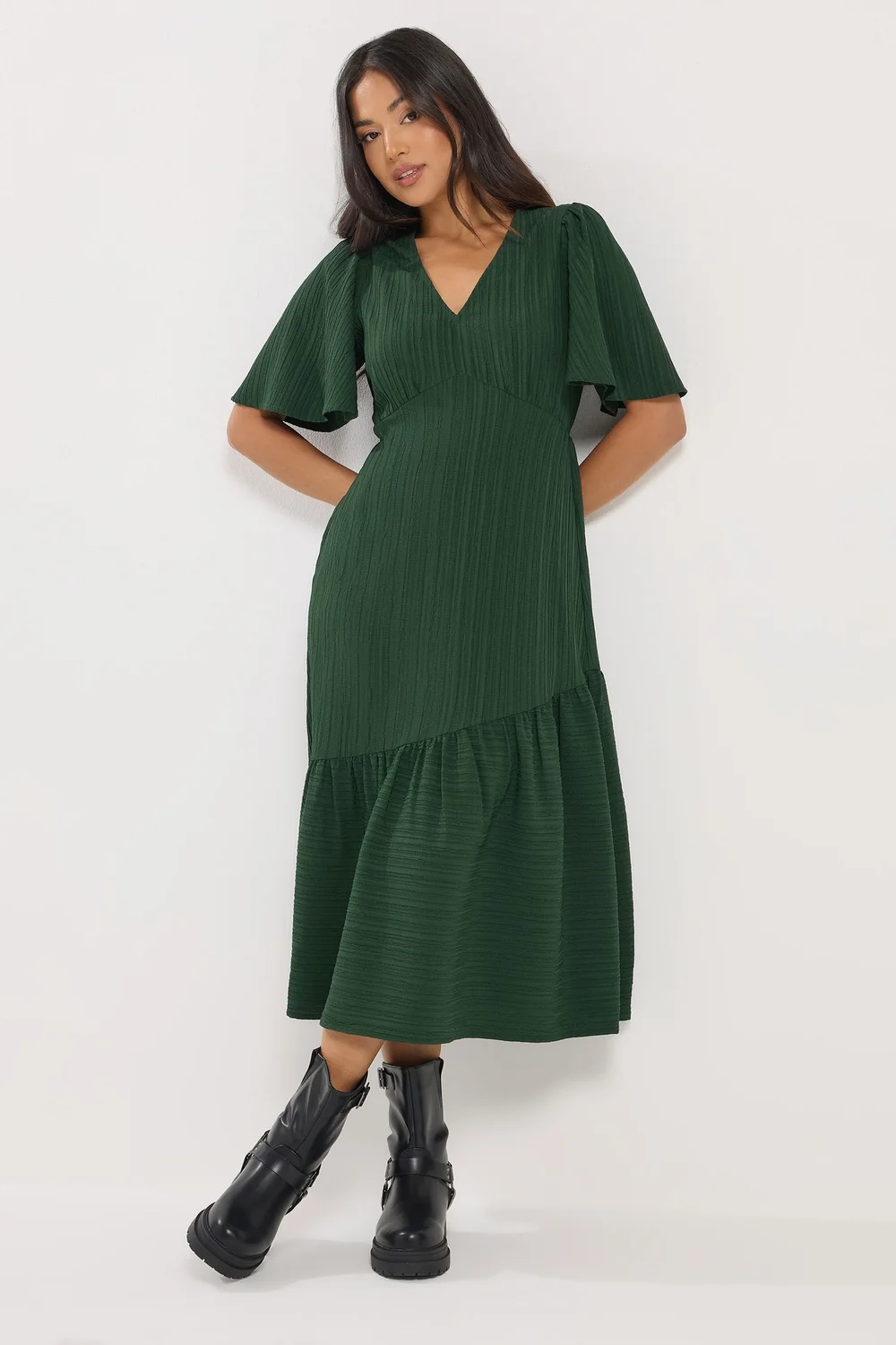 PixieGirl Petite Dark Green Crinkle Tiered Midi Dress - 12 Image 1