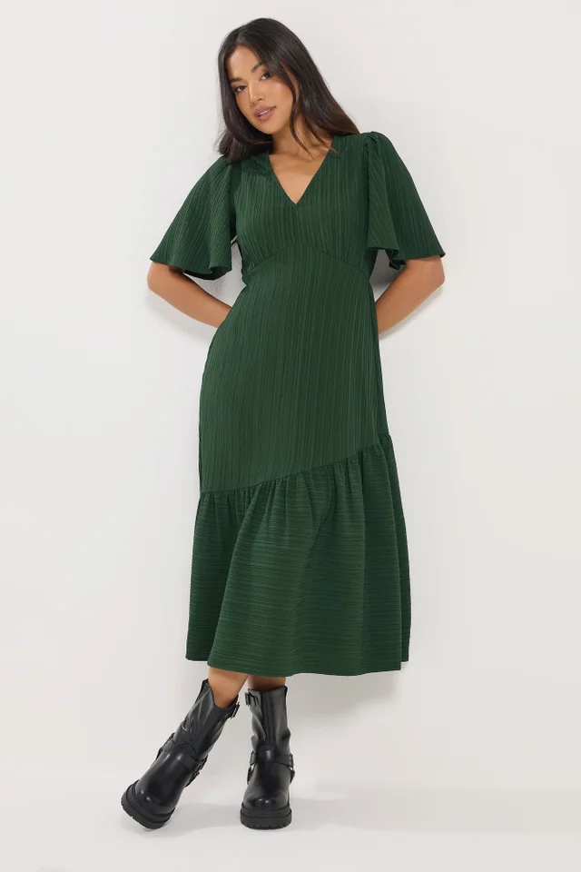 PixieGirl Petite Dark Green Crinkle Tiered Midi Dress