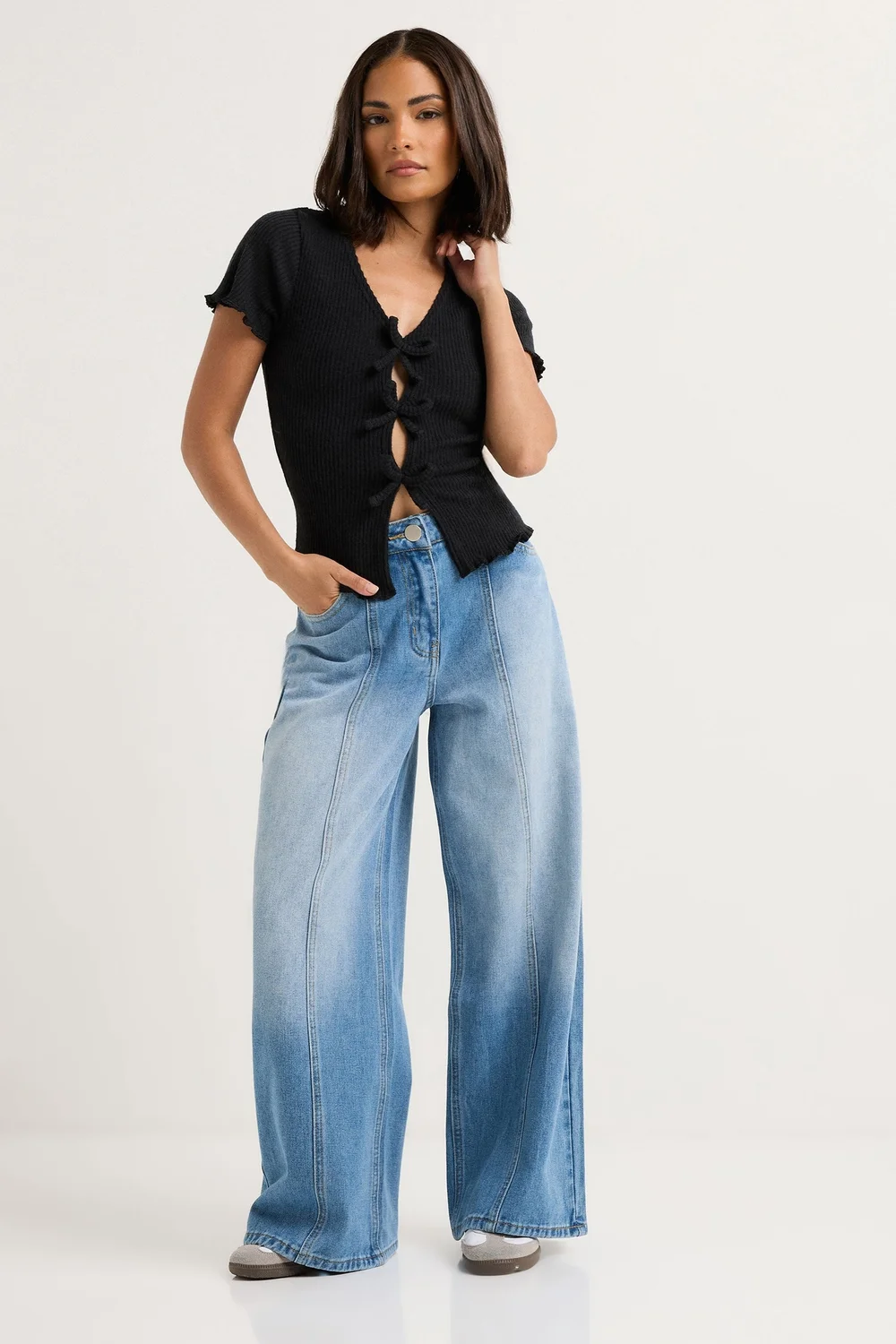 PixieGirl Petite Black Soft Touch Bow Front Top - 8 Image 2