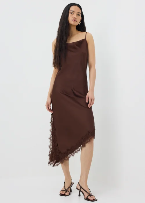 Chocolate Brown Satin Asymmetric Cami Midi Dress - 14 Image 1
