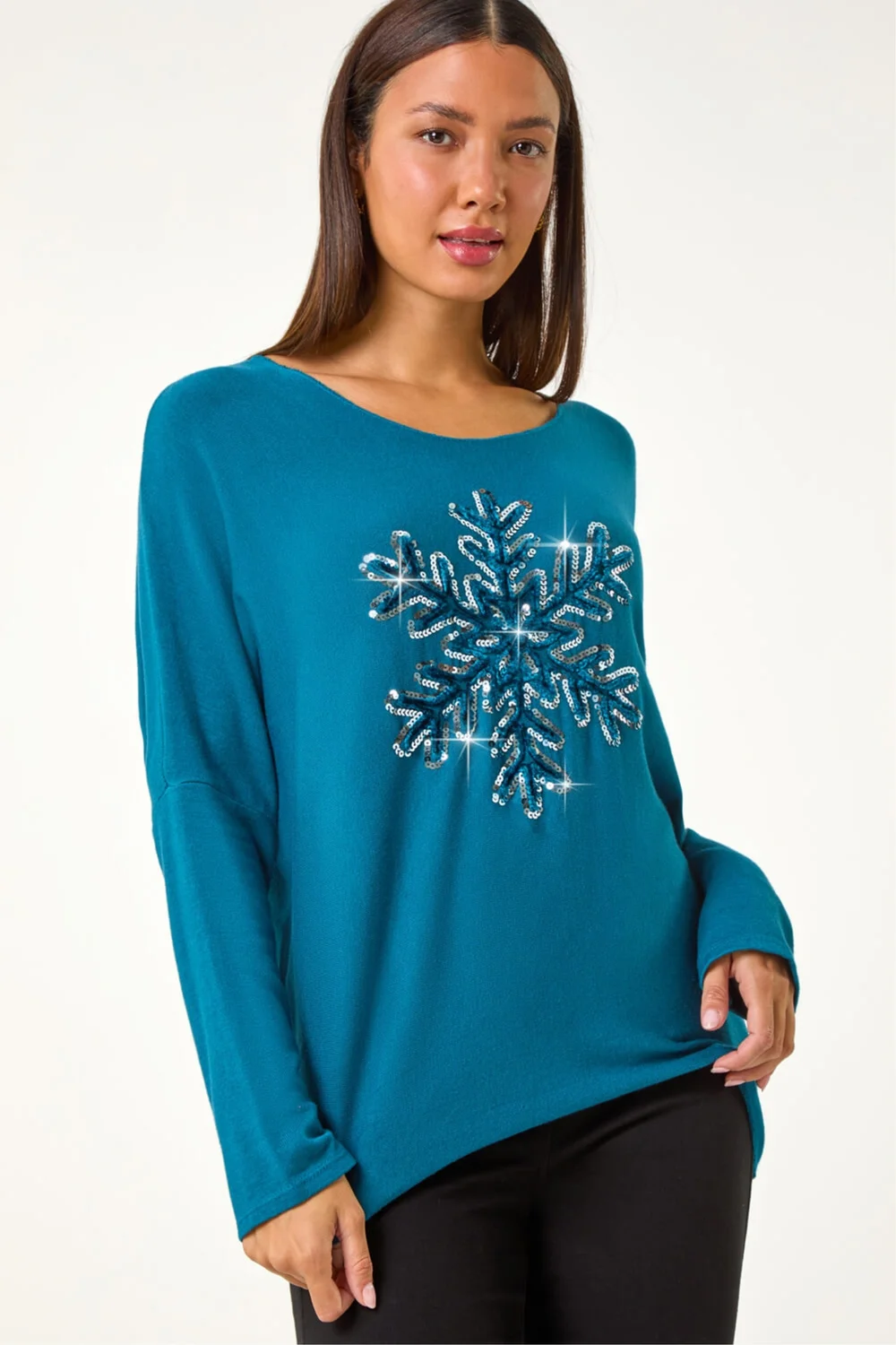 Roman Teal Embellished Snowflake Stretch Top - M Image 2