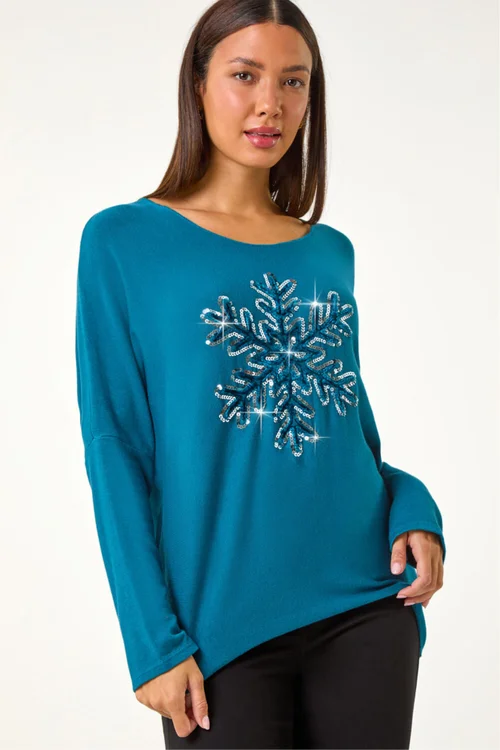Roman Teal Embellished Snowflake Stretch Top - M Image 2