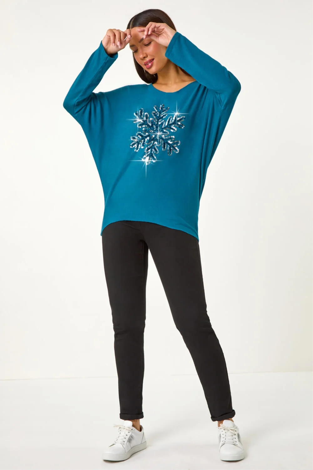 Roman Teal Embellished Snowflake Stretch Top - M Image 1