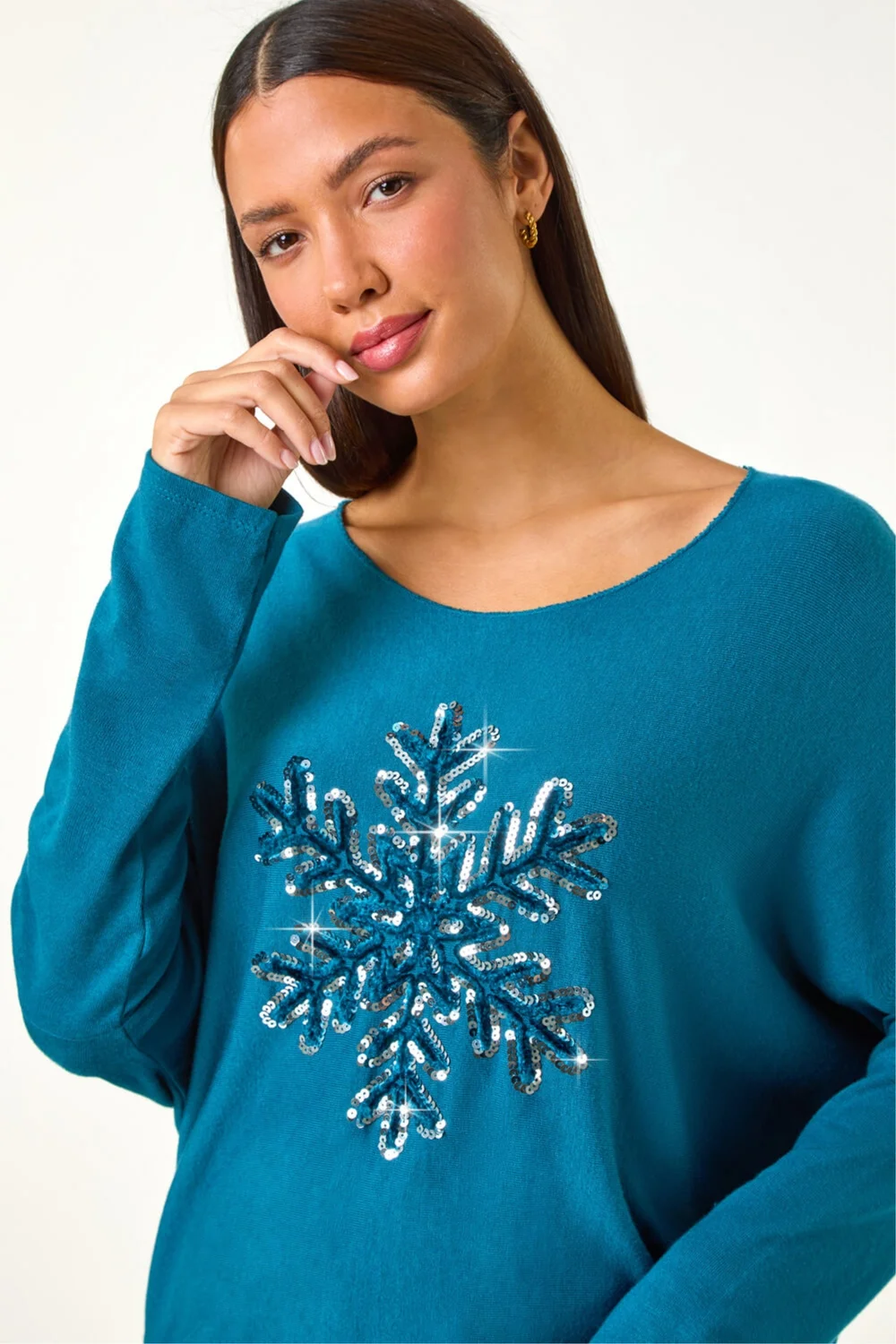 Roman Teal Embellished Snowflake Stretch Top - M Image 4