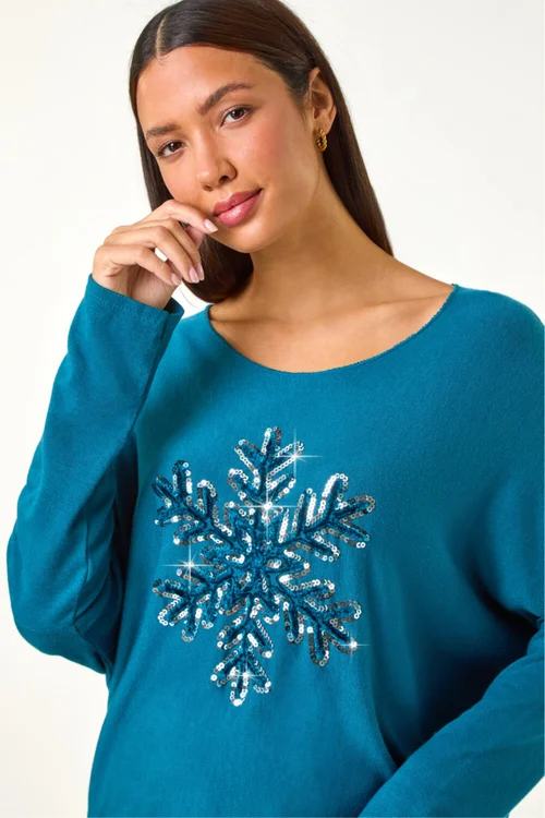 Roman Teal Embellished Snowflake Stretch Top - M Image 4