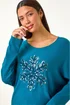 Roman Teal Embellished Snowflake Stretch Top - M Image 4