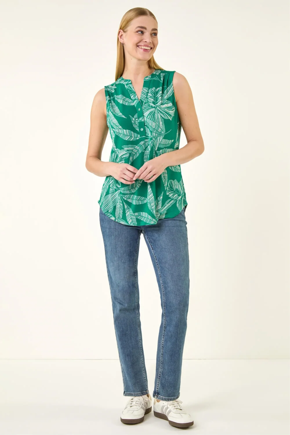 Roman Green Floral Puff Print Stretch Vest Top - 12 Image 2