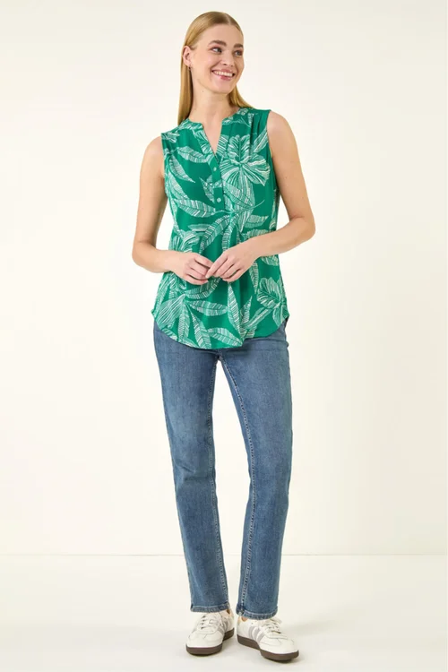 Roman Green Floral Puff Print Stretch Vest Top - 12 Image 2