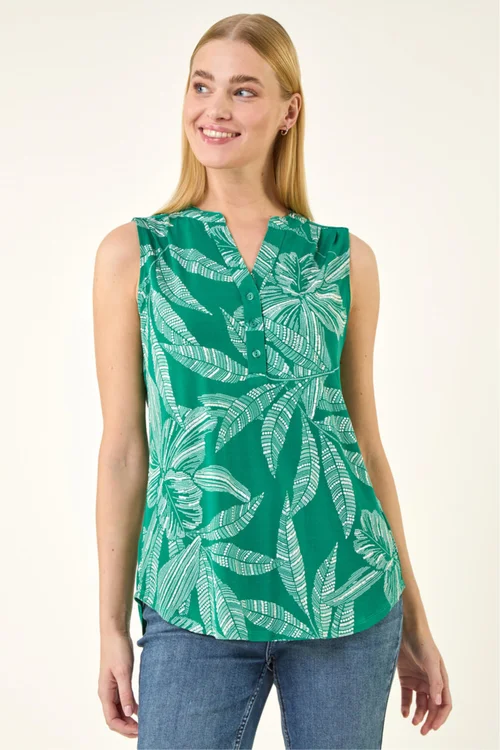Roman Green Floral Puff Print Stretch Vest Top - 12 Image 4