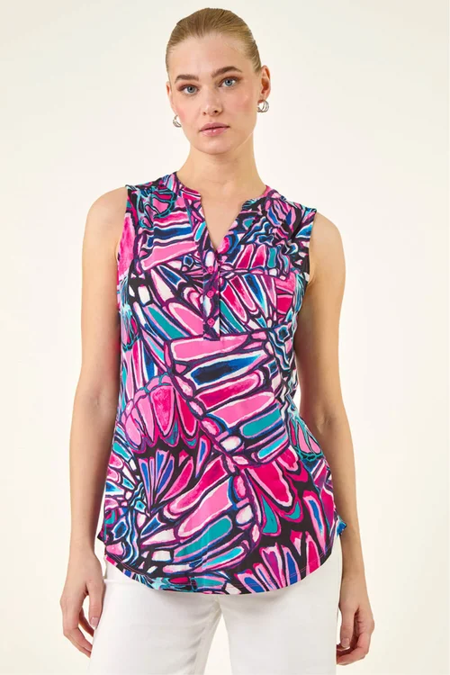 Roman Pink Floral Print Stretch Vest Top - 10 Image 4