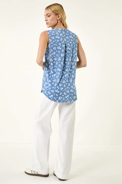 Roman Blue Floral Puff Print Vest Top - 14 Image 3