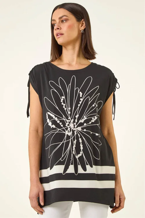 Roman Black Floral Print Stretch Tunic Top - 16 Image 1