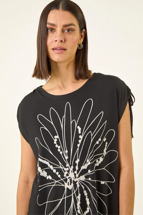 Roman Black Floral Print Stretch Tunic Top - 16 Image 2