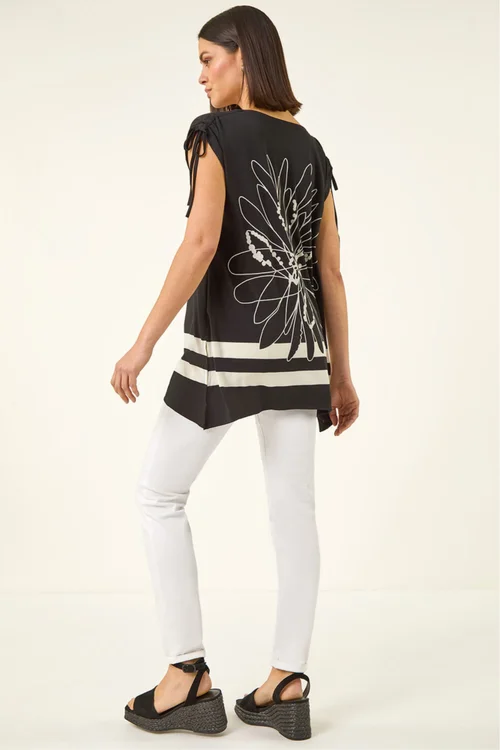 Roman Black Floral Print Stretch Tunic Top - 16 Image 4