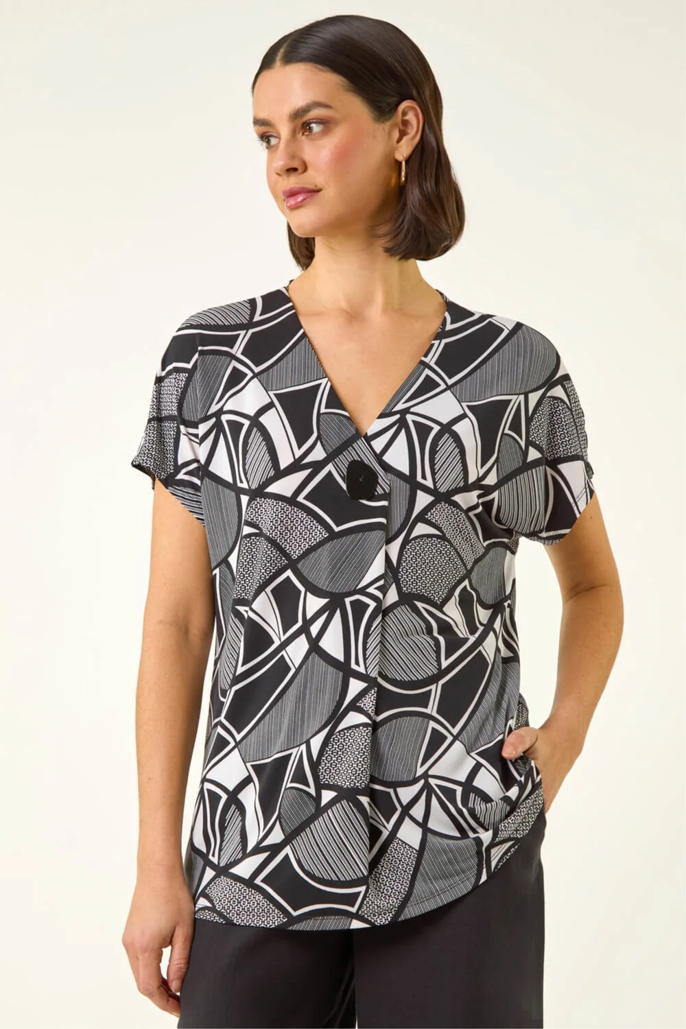 Roman Black Abstract Print V-Neck Stretch Top - 16 Image 4