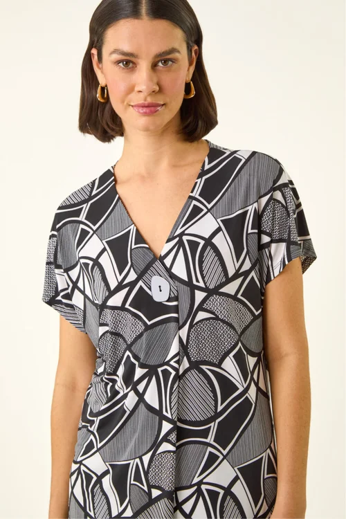 Roman Black Abstract Print V-Neck Stretch Top - 16 Image 1