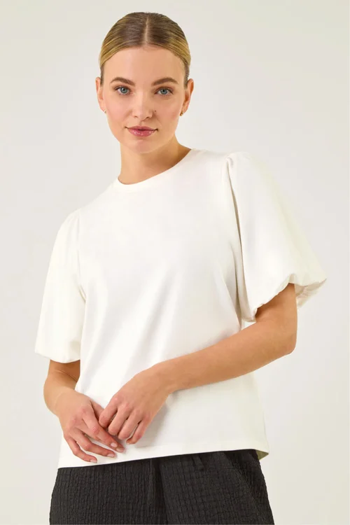 Dusk White Puff Sleeve Stretch T-Shirt - 14 Image 2