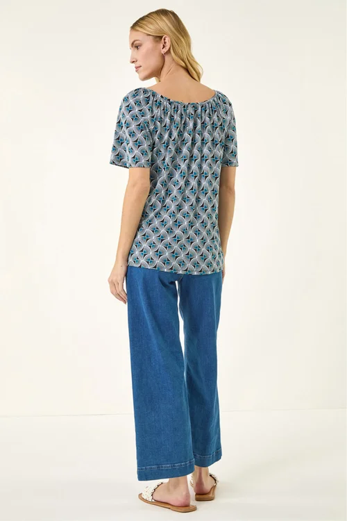 Roman Blue Abstract Print V-Neck Stretch Top - 18 Image 3