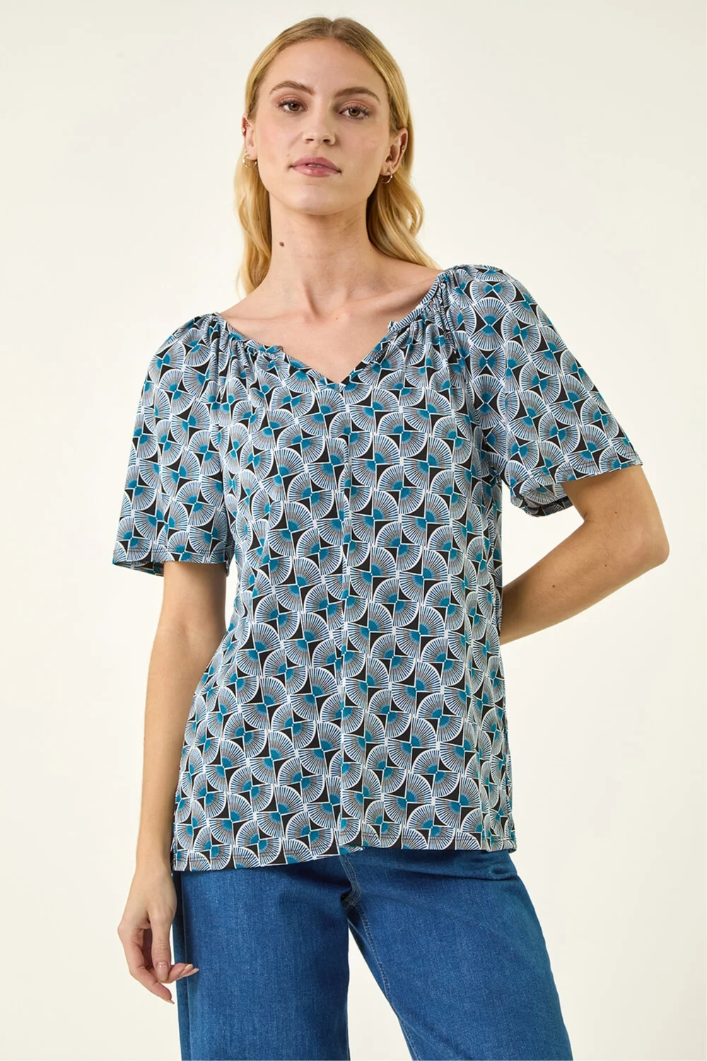 Roman Blue Abstract Print V-Neck Stretch Top - 18 Image 2