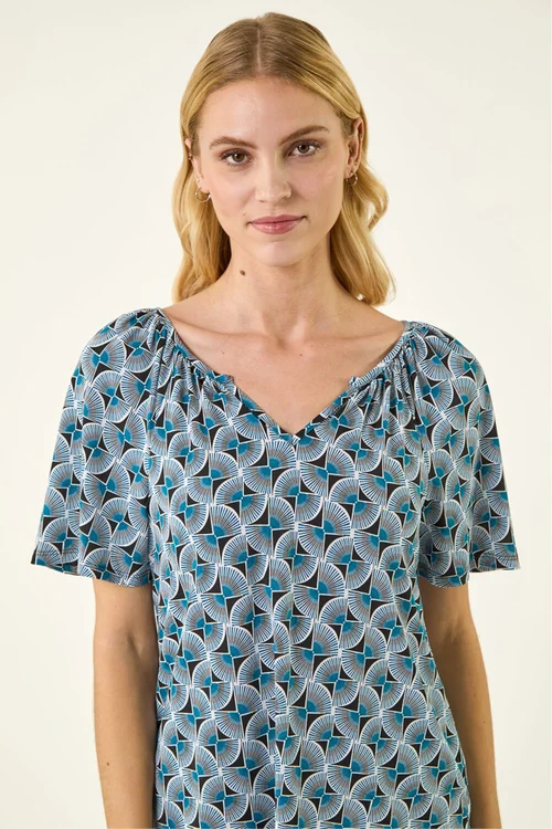 Roman Blue Abstract Print V-Neck Stretch Top - 18 Image 4