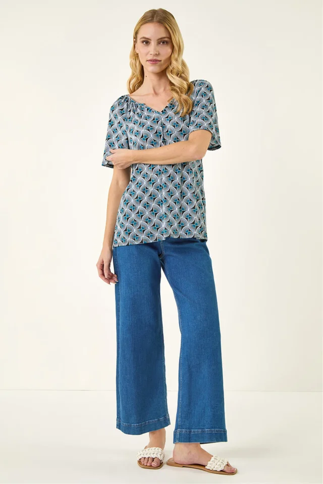 Roman Blue Abstract Print V-Neck Stretch Top