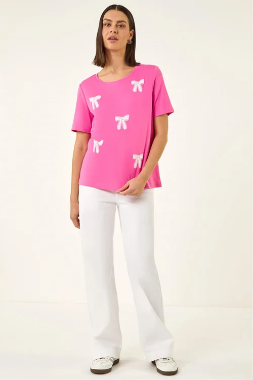 Roman Pink Faux Pearl Embellished Bow T-Shirt - 12 Image 2