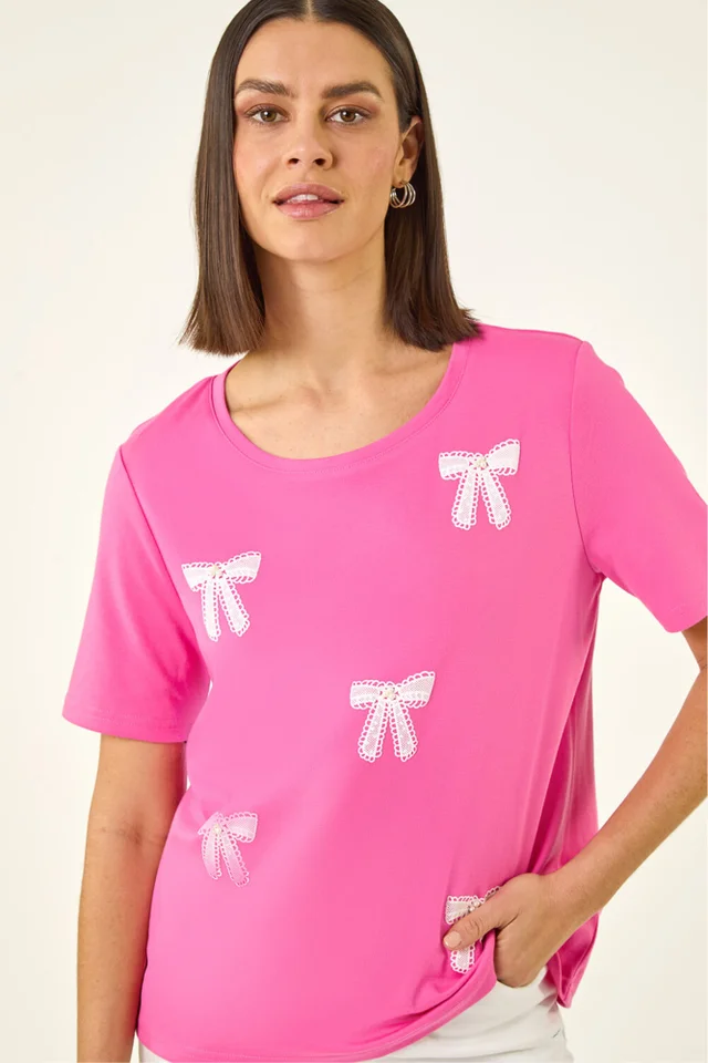 Roman Pink Faux Pearl Embellished Bow T-Shirt