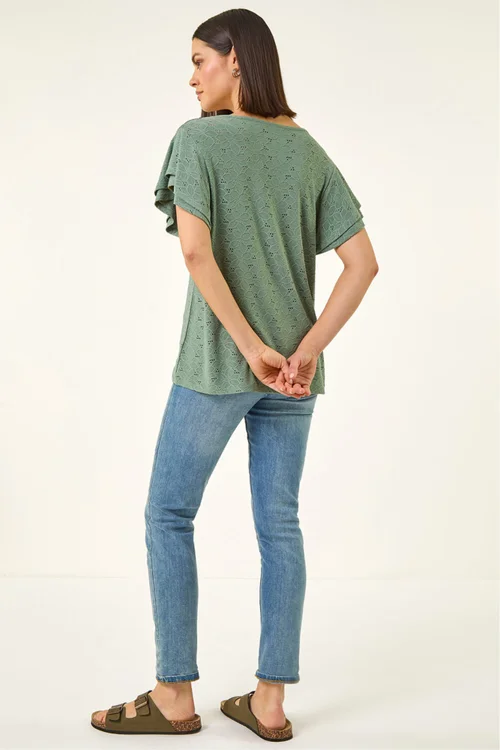 Roman Khaki Broderie Detail V-Neck Stretch Top - 12 Image 3