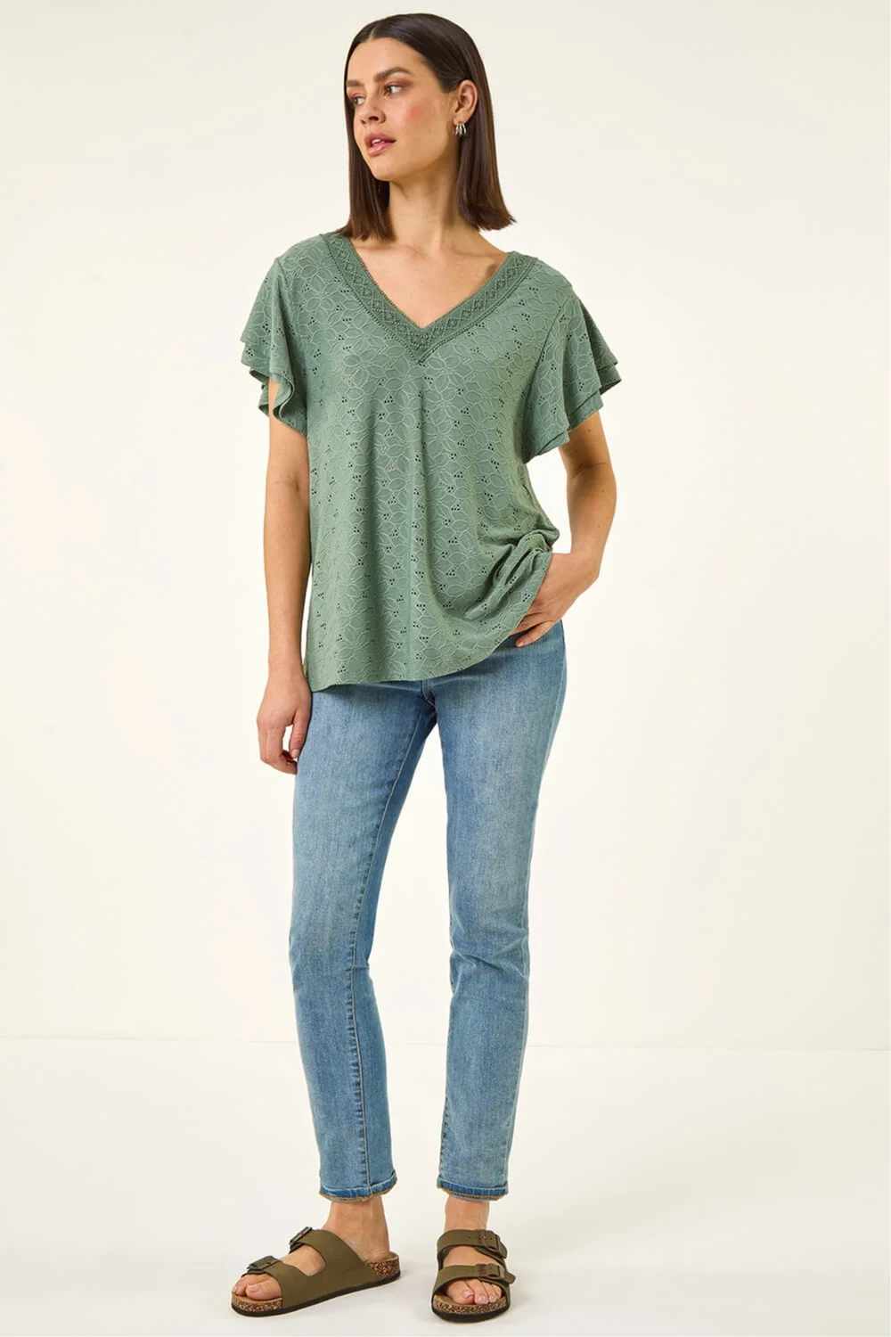 Roman Khaki Broderie Detail V-Neck Stretch Top - 12 Image 2