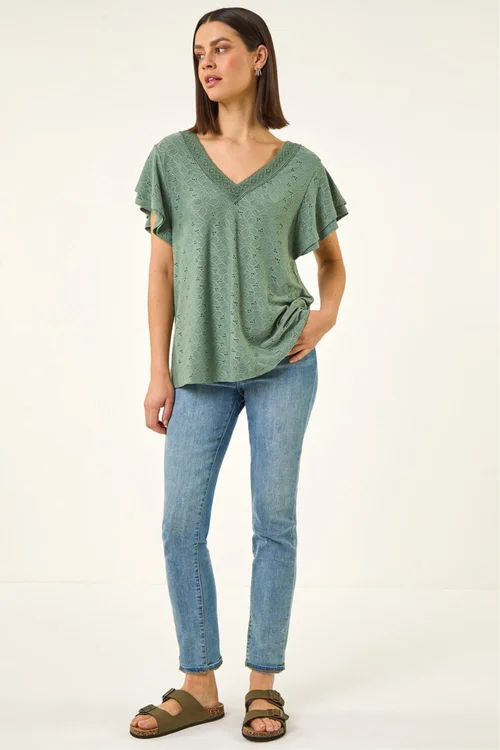 Roman Khaki Broderie Detail V-Neck Stretch Top - 12 Image 2