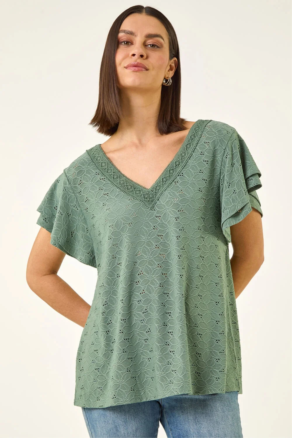 Roman Khaki Broderie Detail V-Neck Stretch Top - 12 Image 4