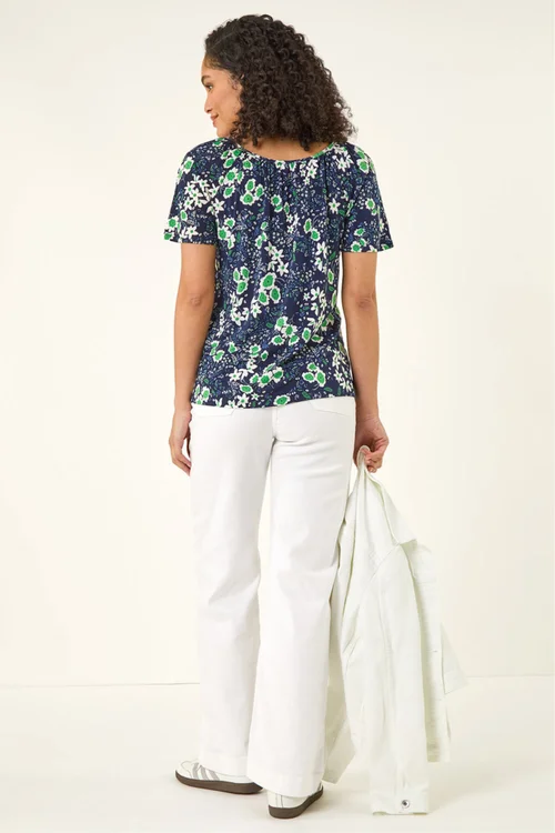 Roman Green Floral Gathered V-Neck Top - 18 Image 3