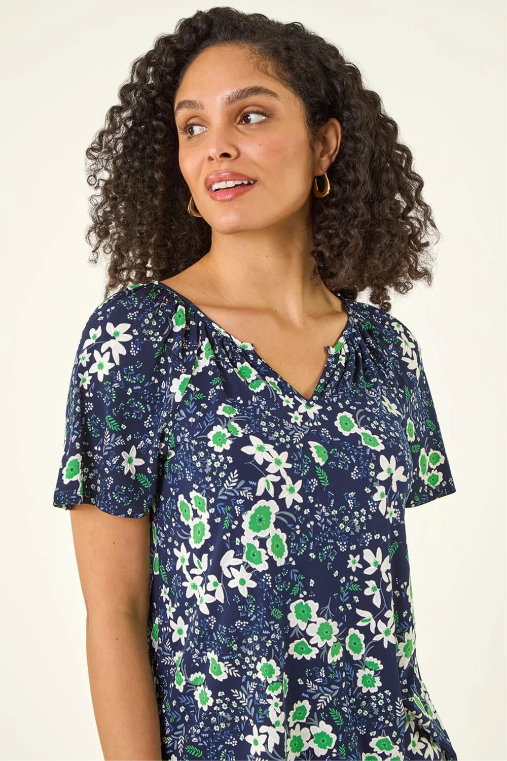 Roman Green Floral Gathered V-Neck Top - 18 Image 4