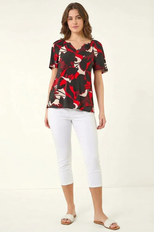 Roman Red Gathered Notch Neck Stretch Top - 12 Image 3