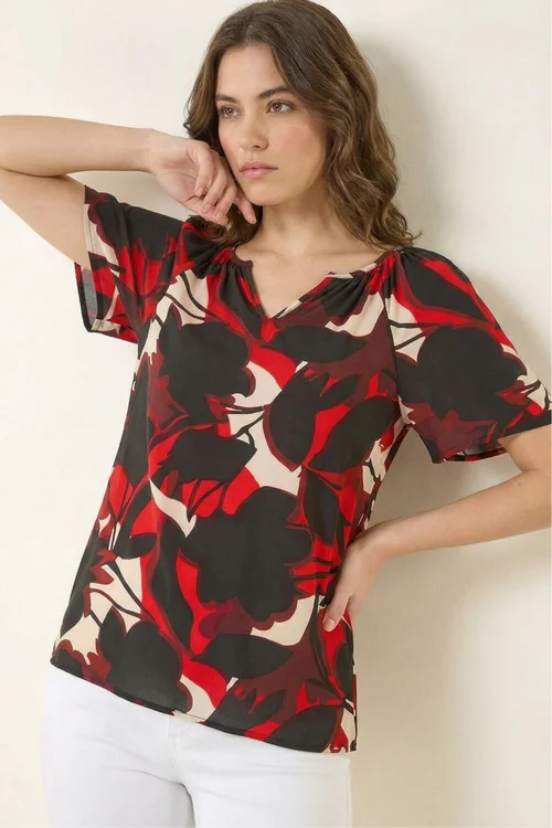 Roman Red Gathered Notch Neck Stretch Top - 12 Image 1