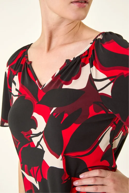 Roman Red Gathered Notch Neck Stretch Top - 12 Image 4