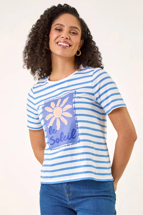 Roman Blue Motif Stripe Print Cotton Top - 18 Image 4