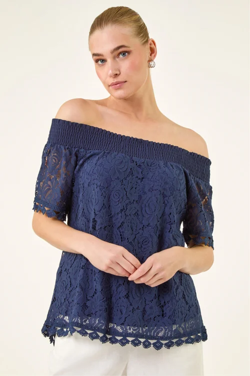 Roman Navy Lace Detail Bardot Top - 12 Image 1