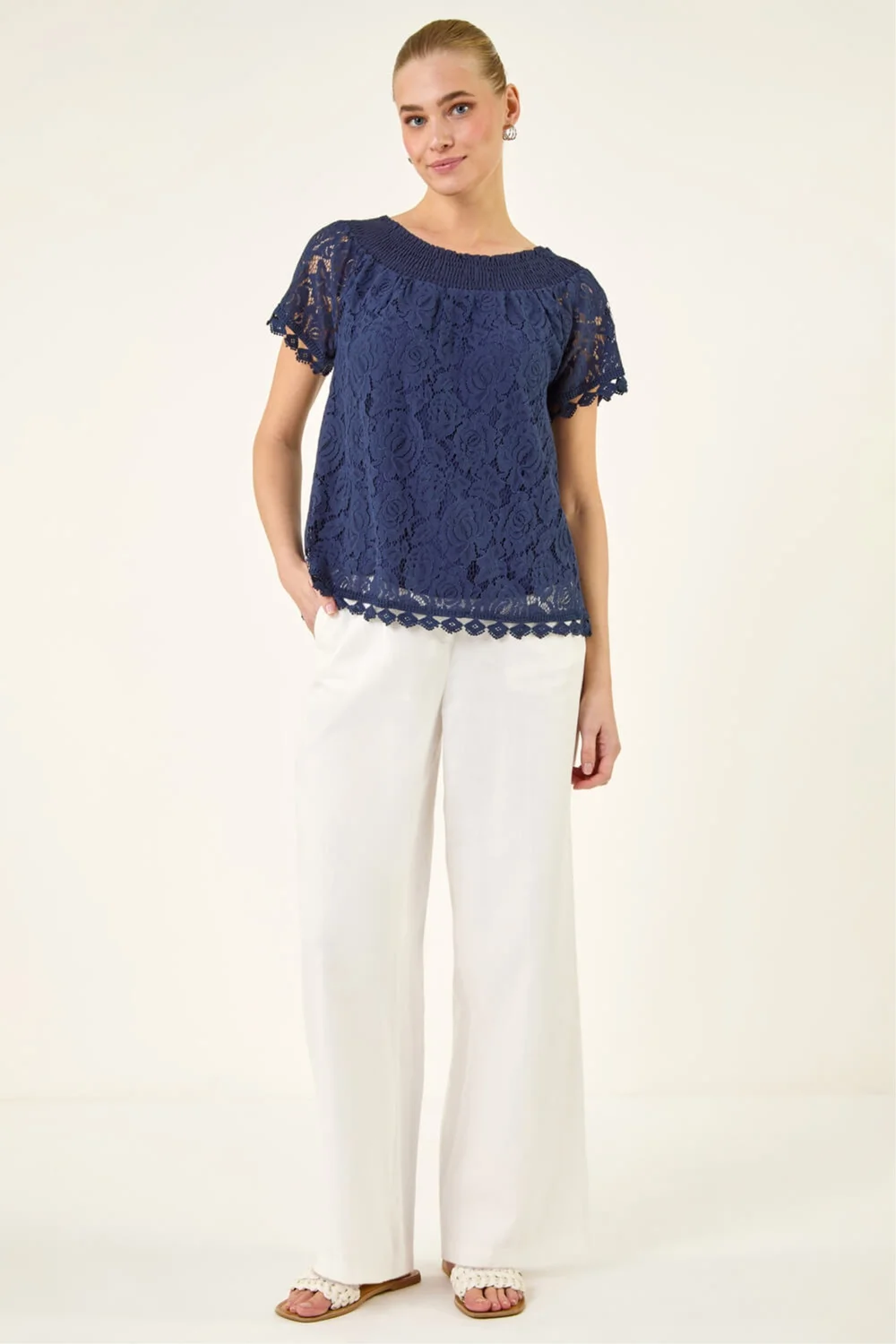 Roman Navy Lace Detail Bardot Top - 12 Image 2
