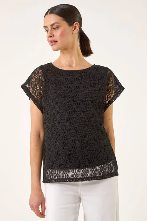 Roman Black Lace Overlay Stretch Top - 18 Image 4