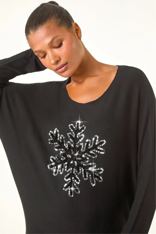 Roman Black Embellished Snowflake Stretch Top - M Image 1