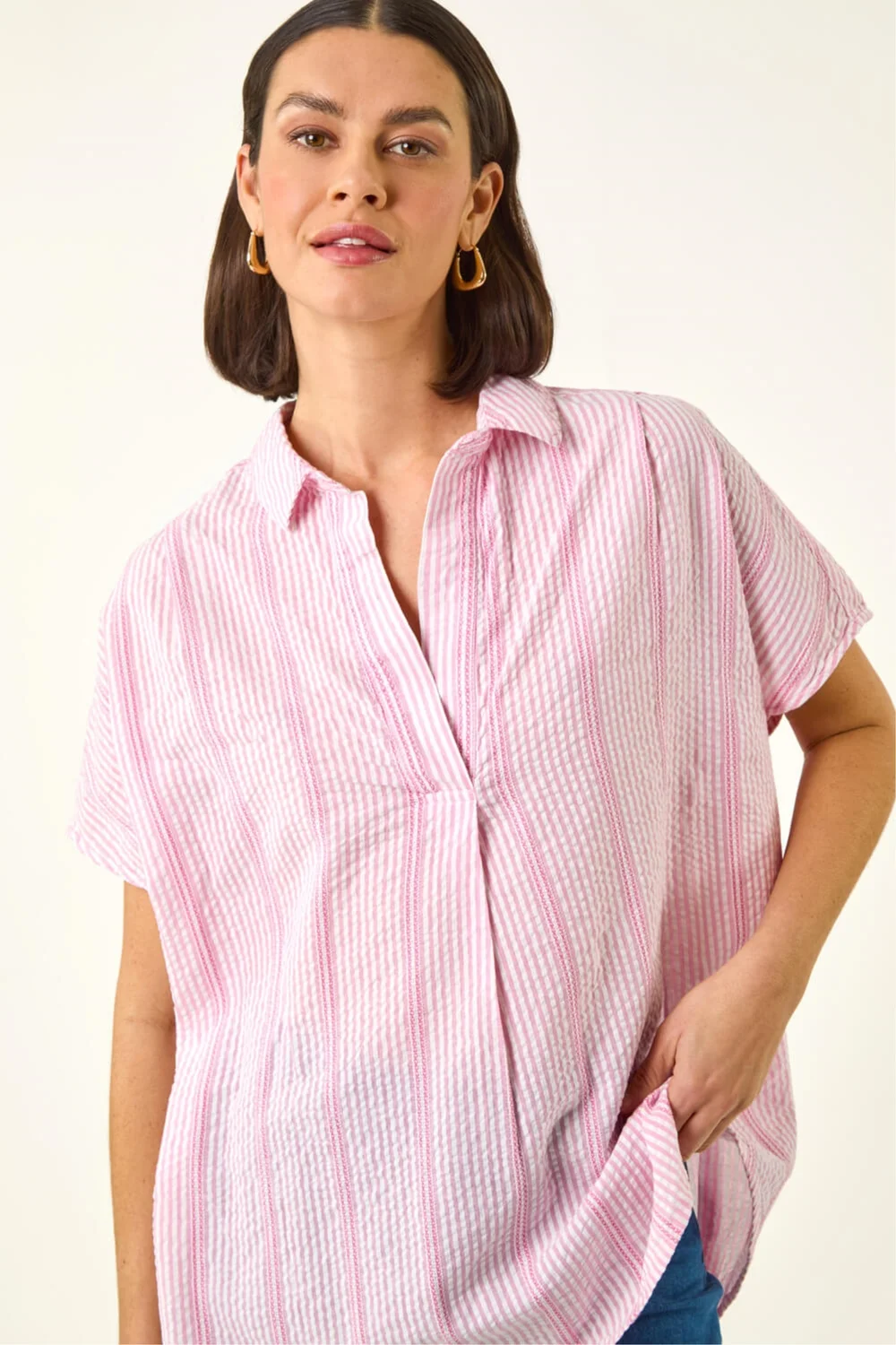 Roman Light Pink Stripe Pleated Neck Top - 18 Image 1