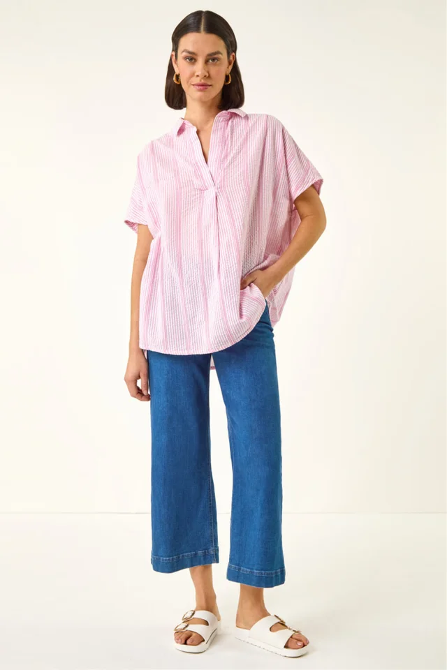 Roman Light Pink Stripe Pleated Neck Top